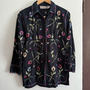 Life Style Black Linen cotton Blend Floral Embroidered Tunic Shirt Petite Large